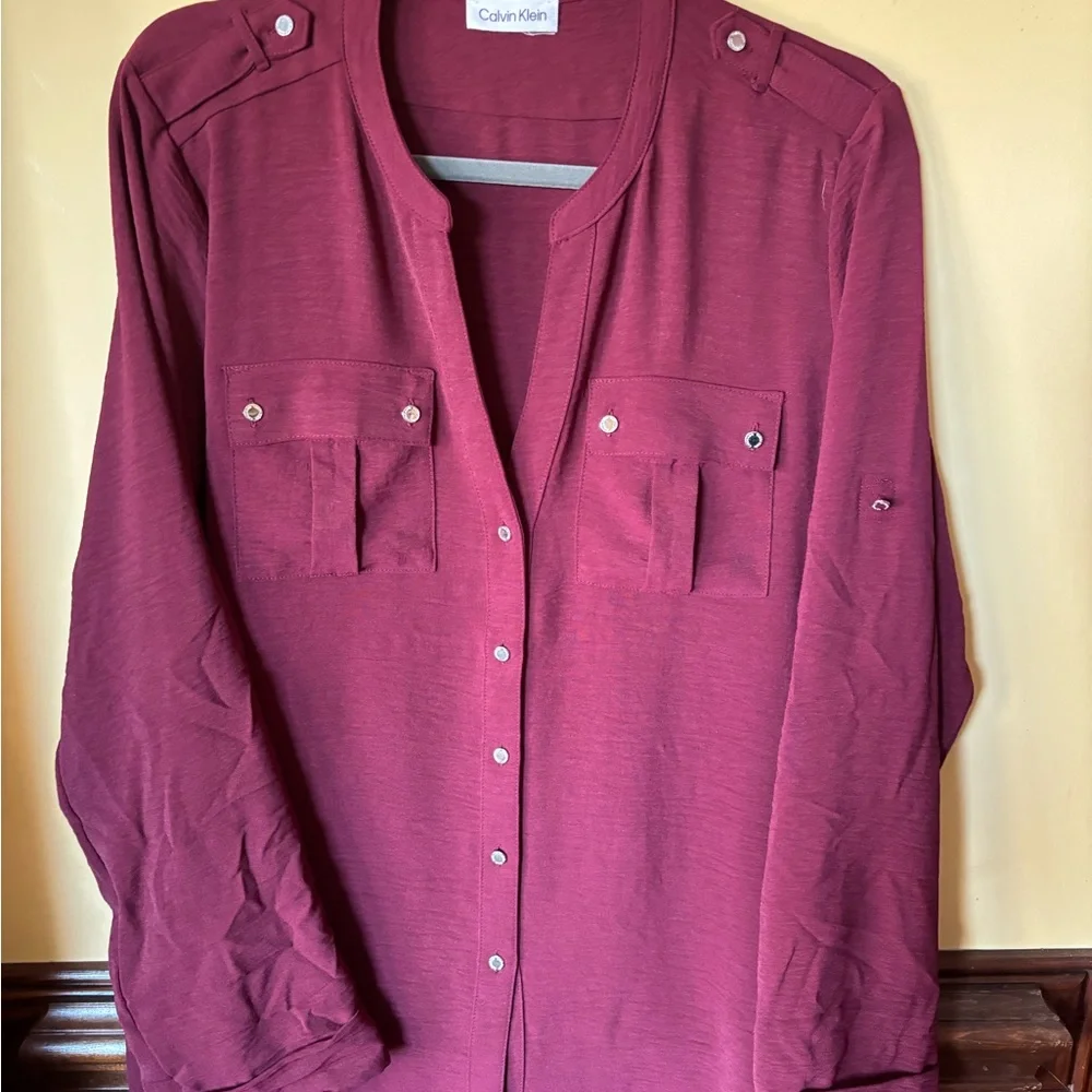Calvin Klein Women's Burgundy Button-Down Shirt - Picture 5 of 5